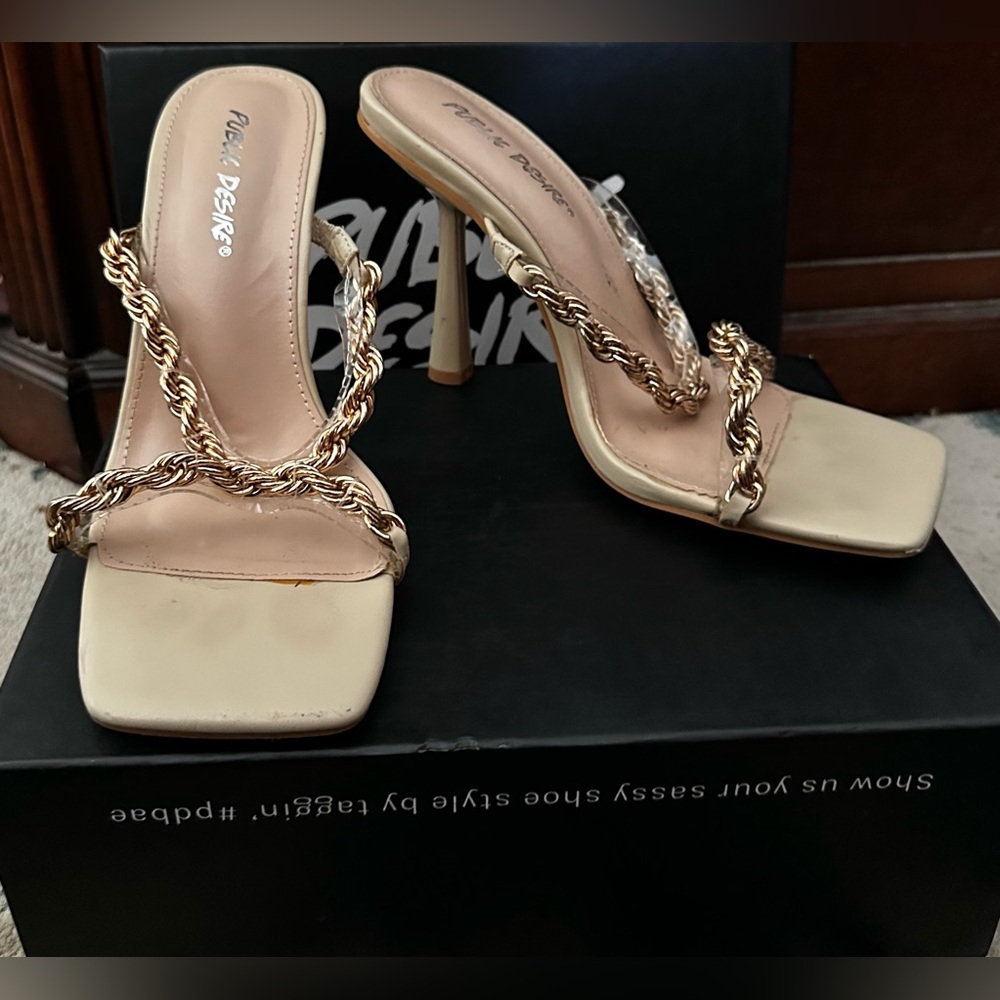 Public Desire Cream and Gold Chain Heels - US 7 / UK 5 Wide Width